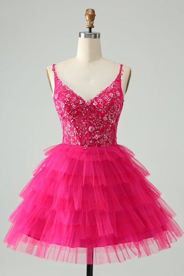 Vestido de cóctel corto con gradas de tul y tirantes finos rosa